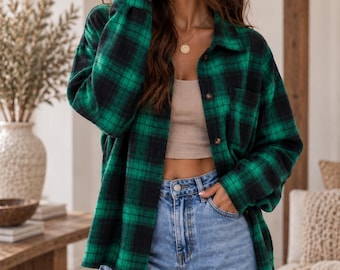 Oversized Plaid Flannel Shirt for Women, Cozy Button-Down Shacket, Fall Layering Top