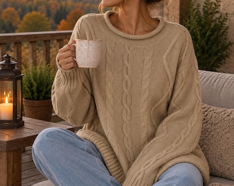 Oversized Cable Knit Sweater, Relaxed Fit, Ribbed Detail, Cozy Fall Winter Top