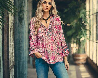 Serena Peasant Boho Blouse Pink Relaxed Fit Printed Long-Sleeved Blouse for Women / Bohemian Casual Tassel Tie Button Shirt / 70s 80s 90s