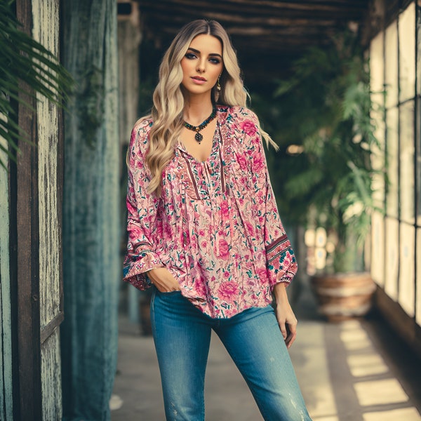 Serena Peasant Boho Blouse Pink Relaxed Fit Printed Long-Sleeved Blouse for Women / Bohemian Casual Tassel Tie Button Shirt / 70s 80s 90s