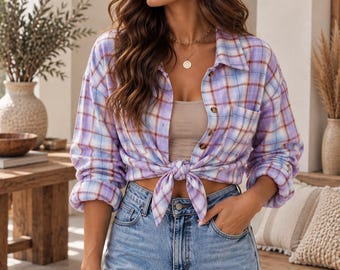 Oversized Brown Plaid Flannel Shirt for Women, Cozy Button Down Shacket, Long Sleeve Checkered Shirt, Casual Fall Layering Top