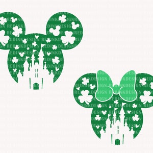 May include: Two green Mickey Mouse head silhouettes with white shamrocks and castle designs. One has a bow. The text "REDINKDESIGN" is repeated across the background.
