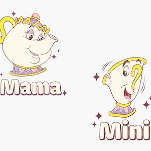 May include: A cartoon image of a teapot and a teacup with faces. The teapot is labelled "Mama" and the teacup is labelled "Mini".