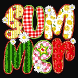 May include: A colorful summer themed design with the word "SUMMER" spelled out in patchwork letters. The letters are decorated with strawberries, lemons, watermelon, and gingham patterns.