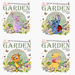 Puede incluir: Cuatro ilustraciones coloridas con personajes de Disney en un entorno floral. Cada imagen incluye el texto "EPCOT International Flower & Garden Festival 2025". Los personajes son: un dragón morado, Stitch, un pájaro con la cabeza naranja y Winnie the Pooh.