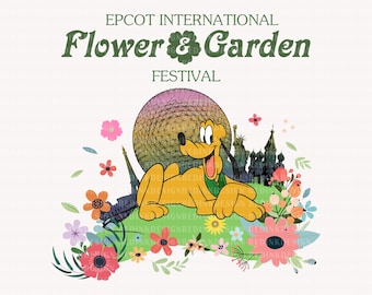 May include: A yellow cartoon dog with a red collar is lying down in a field of colorful flowers. The dog is looking up at the Epcot Spaceship Earth, which is in the background. The text "EPCOT INTERNATIONAL Flower & Garden FESTIVAL" is at the top of the image.