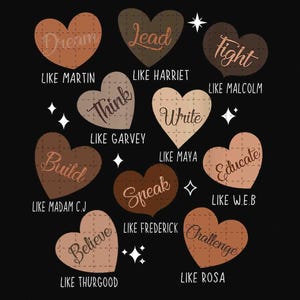 Op de afbeelding: Een zwarte achtergrond met 10 bruine hartvormige illustraties. Elk hart bevat een woord, zoals "Dream", "Lead", "Fight", "Think", "Write", "Build", "Speak", "Educate", "Believe", en "Challenge". Onder elk hart staat een zin zoals "Like Martin", "Like Harriet", "Like Malcolm", "Like Garvey", "Like Maya", "Like Madam C.J", "Like Frederick", "Like W.E.B", "Like Thurgood", en "Like Rosa".