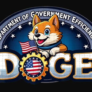 May include: A cartoon Shiba Inu dog wearing a blue collar and holding a small American flag. The dog is standing in front of a blue and gray circle with the text "Department of Government Efficiency" and "DOGE" in large white letters. The circle is surrounded by white stars.