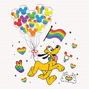 May include: A cartoon dog with rainbow-colored balloons, a rainbow flag, and other rainbow-colored symbols. The dog is wearing a rainbow collar.