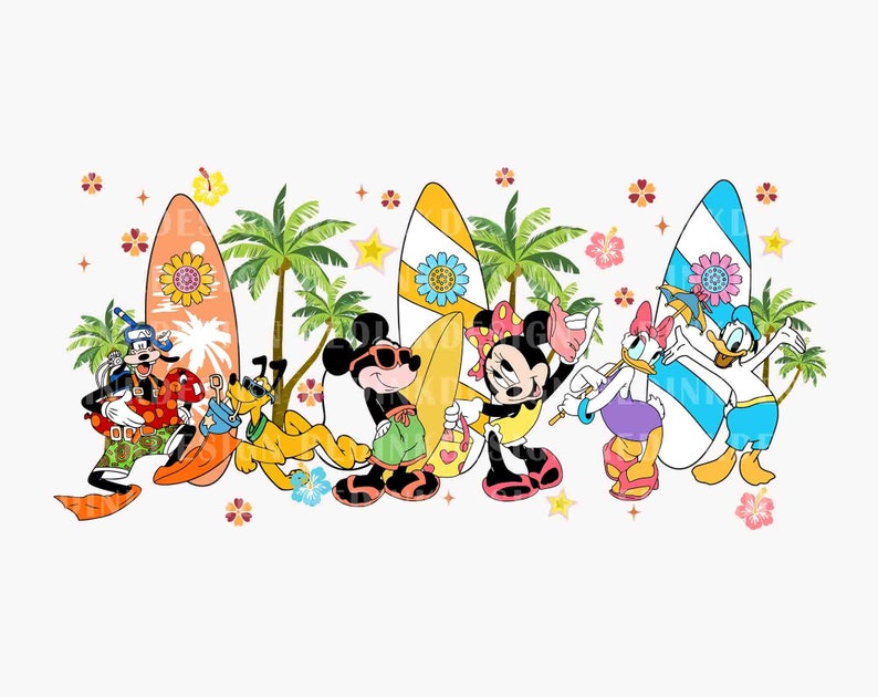 K&ouml;nnte beinhalten: Eine Gruppe von Disney-Charakteren, darunter Mickey Mouse, Minnie Mouse, Donald Duck, Goofy und Pluto, stehen auf Surfbrettern mit Palmen und Blumen im Hintergrund.