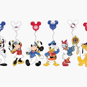 May include: A group of seven Disney characters dressed in sailor outfits with red, white and blue accents. Each character is holding a balloon with a nautical theme. The characters include Mickey Mouse, Minnie Mouse, Donald Duck, Goofy, Pluto, and Daisy Duck.