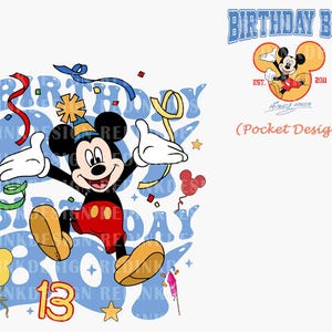 Puede incluir: Un diseño de cumpleaños azul y blanco con Mickey Mouse con un gorro de cumpleaños rojo y amarillo. El diseño incluye las palabras "Birthday Boy" y el número "13".