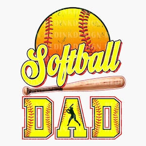 Op de afbeelding: Gele en rode softball-afbeelding met een honkbalknuppel en de tekst "Softball Dad".