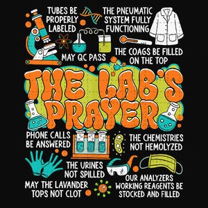Op de afbeelding: Een humoristische illustratie met een zwarte achtergrond en kleurrijke tekst die "The Lab's Prayer" luidt. De tekst wordt omringd door verschillende laboratoriumuitrusting en benodigdheden, waaronder reageerbuizen, een microscoop, een labjas en een bekerglas. De tekst bevat zinnen als "Tubes be properly labeled", "The pneumatics system fully functioning" en "May the lavender tops not clot".