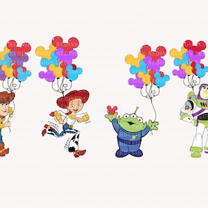 May include: Toy Story characters Woody, Jessie, Buzz Lightyear, and Alien holding colorful Mickey Mouse balloons. The balloons are red, yellow, blue, purple, and green.