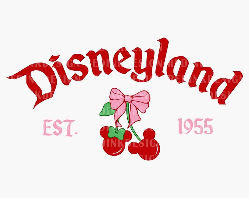 May include: A white graphic featuring the word "Disneyland" in red, arched across the top. Below, a pink bow and two red Mickey Mouse-shaped cherries are depicted. The text "EST. 1955" is also included in pink.
