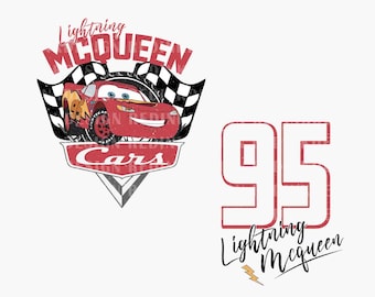 May include: Red race car with the number 95 on the side, surrounded by a checkered flag design. The text "lightning mcqueen" is written in a stylized font above the car. The text "cars" is written below the car. The number 95 is also written in a large font with the text "lightning mcqueen" below it.