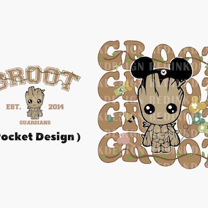 May include: A brown cartoon character with a green leafy body and a Mickey Mouse hat. The character is surrounded by the word "Groot" in a brown and green font. The text "Est. 2014" and "Guardians" are also visible.