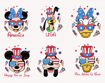 Bundel Fourth of July Svg, Mouse And Friends Svg, Happy 4 juli Svg, 4 juli Svg, Amerika, Amerikaanse vlag Svg, Independence Day Svg