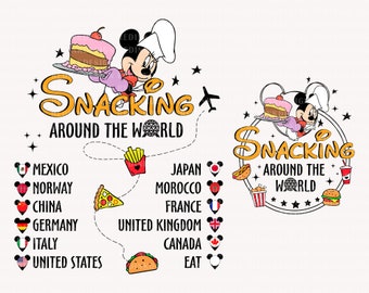 May include: A cartoon illustration of Mickey Mouse and Minnie Mouse dressed as chefs, holding plates of food. The text "Snacking Around the World" is written in a whimsical font. The image includes flags and food items representing different countries.