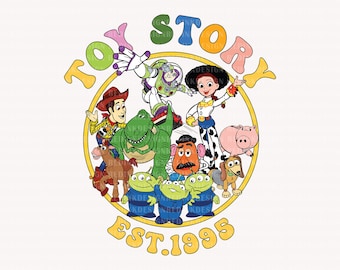 May include: Toy Story characters including Woody, Buzz Lightyear, Rex, Mr. Potato Head, and Jessie in a circle with the text "Toy Story Est. 1995" in yellow.