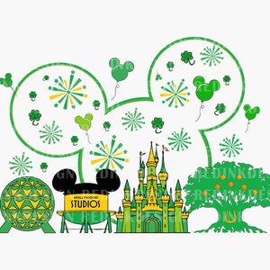 Puede incluir: Un gráfico verde y amarillo con puntos de referencia de Disney World, incluido un castillo, Spaceship Earth y el letrero de Hollywood Studios. Las orejas y globos de Mickey Mouse, fuegos artificiales y tréboles completan el tema del Día de San Patricio.