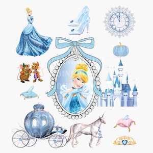 May include: A set of Cinderella-themed party decorations featuring a blue and white carriage, a glass slipper, a pumpkin, a clock, a unicorn, a princess in a blue dress, and two mice.