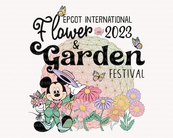May include: Mickey Mouse is dressed in a green suit and bow tie, holding a bouquet of pink flowers. He is standing in front of a colorful floral arrangement with butterflies. The text "EPCOT International Flower & Garden Festival 2023" is displayed above the image.