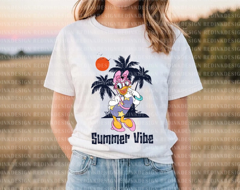 May include: White t-shirt with a cartoon image of a duck wearing sunglasses and a pink bow. The duck is standing in front of palm trees and a red sun. The text "Summer Vibe" is printed below the image.