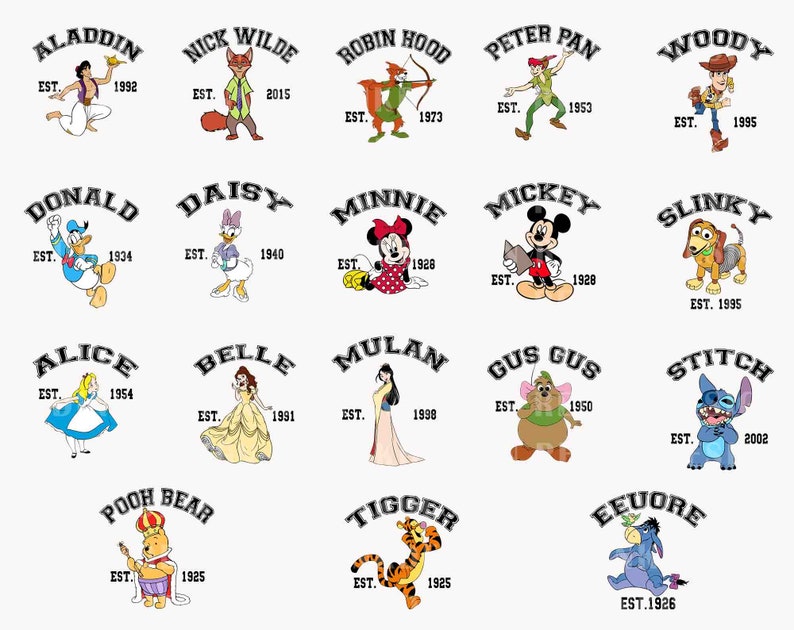 May include: A colorful illustration of various Disney characters, each with their own logo and established year. The characters include Aladdin, Nick Wilde, Robin Hood, Peter Pan, Woody, Donald Duck, Daisy Duck, Minnie Mouse, Mickey Mouse, Slinky Dog, Alice, Belle, Mulan, Gus Gus, Stitch, Pooh Bear, Tigger, and Eeyore.