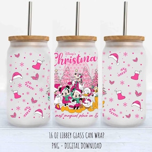 Christmas Cartoon 16oz Glass Can Wrap PNG, Christmas Libbey Can Wrap Pink, Libbey Glass Can 16oz, Mouse And Friends Xmas Can Wrap Png
