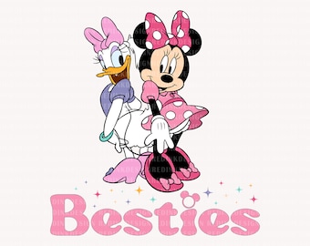 Op de afbeelding: Een roze en witte cartoon eend en een roze en zwarte cartoon muis met een roze strik houden elkaar vast. De tekst "Besties" staat in roze letters eronder.