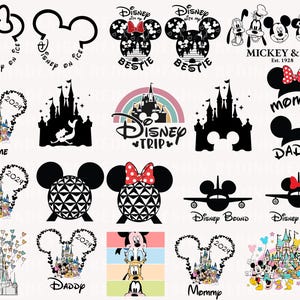 K&ouml;nnte beinhalten: Eine Sammlung von 16 schwarzen und wei&szlig;en Disney-SVG-Schnittdateien. Die Designs beinhalten Mickey Mouse, Minnie Mouse, Goofy, Schloss Aschenputtel, Spaceship Earth und mehr. Der Text "Disney on Ice", "Disney Trip", "Mommy", "Daddy", "Mickey & Co. Est. 1928" und "Disney Bound" ist in den Designs enthalten.