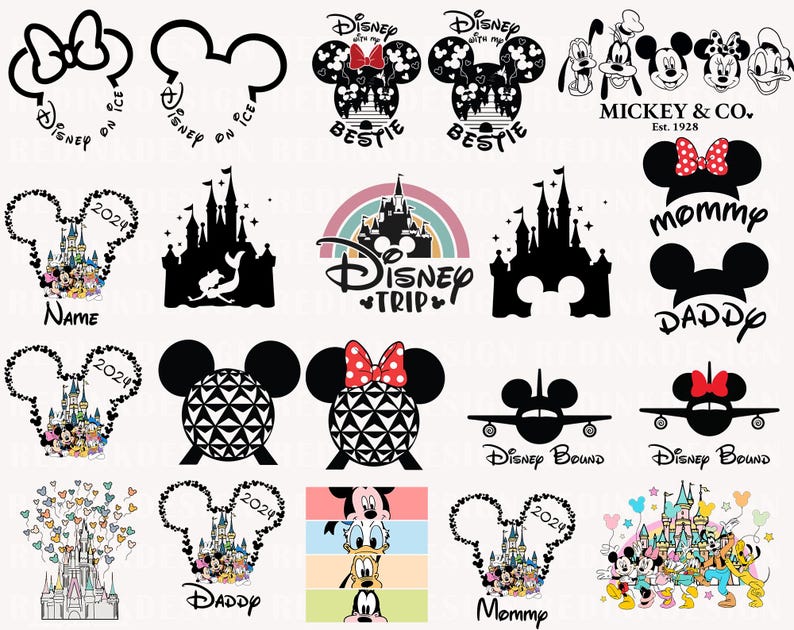 K&ouml;nnte beinhalten: Eine Sammlung von 16 schwarzen und wei&szlig;en Disney-SVG-Schnittdateien. Die Designs beinhalten Mickey Mouse, Minnie Mouse, Goofy, Schloss Aschenputtel, Spaceship Earth und mehr. Der Text "Disney on Ice", "Disney Trip", "Mommy", "Daddy", "Mickey & Co. Est. 1928" und "Disney Bound" ist in den Designs enthalten.