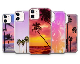 Étui pour téléphone Palm Tree Sunset Cover adapté pour iPhone 15 Pro, 14, 13, 12, 11, XR, 8+, 7 et Samsung S24, S23, S22, A53, A51, Huawei P20, P30 Lite