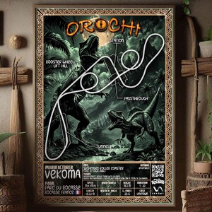 May include: A framed poster featuring a roller coaster design with the word "OROCHI" at the top. The artwork depicts dinosaurs and the roller coaster track layout. The poster is displayed in a room with natural decor.