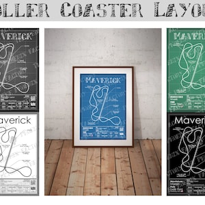 May include: A set of four different colored prints of the Maverick roller coaster at Cedar Point amusement park. The prints are in black and white, blue, green, and black. Each print features a blueprint-style design of the roller coaster track with the name "Maverick" at the top.