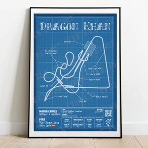 Op de afbeelding: Een blauwdruk-stijl illustratie van de Dragon Khan achtbaan in het pretpark PortAventura in Salou, Spanje. De illustratie toont de lay-out van de rit, inclusief de loops, drops en andere kenmerken. De tekst "Dragon Khan" staat bovenaan de illustratie, en de tekst "Bolliger & Habillard" staat linksonder.