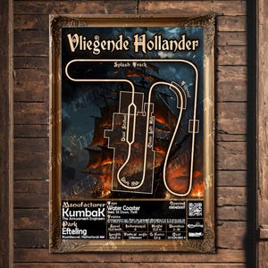 以下が含まれることがあります： 金色の縁取りの額縁に入ったポスター。ウォーターコースター、フライング・ダッチマンのレイアウトが描かれています。ポスターにはコースター名、トラックデザイン、技術的な詳細が含まれています。背景には、幽霊船のある暗く燃えるようなシーンが描かれています。