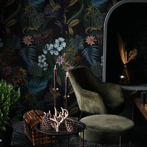 Dark tropical wallpaper, Exotic wall mural, Floral wallpaper, Enchanted garden, Peel and stick, Botanical 85 image 1