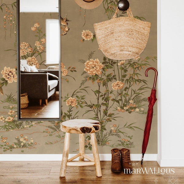 Crane and flowers wallpaper, Peel and stick, Japanese decor, Ukiyoe wall mural, Removable, Chinoiserie, Home office 52