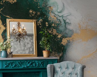 Emerald green wall art, Peel and stick, Marble wallpaper, Watercolor, Elegant decor, Luxury, Renter friendly 45