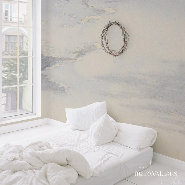 Cloudy sky wall mural, Mural wallpaper, Removable or traditional wallpaper, Boho vibe, Scenic wallpaper, Watercolor 74