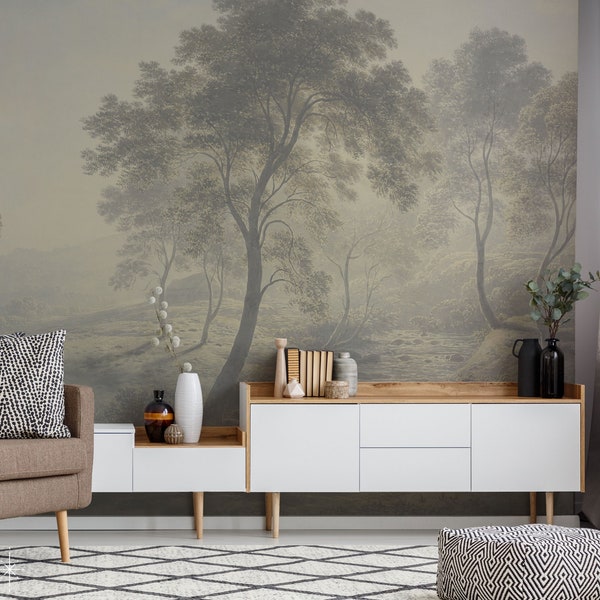 Village wall mural, Removable or regular wallpaper, Scenic landscape, Countryside painting, Tree, Peel and stick 16