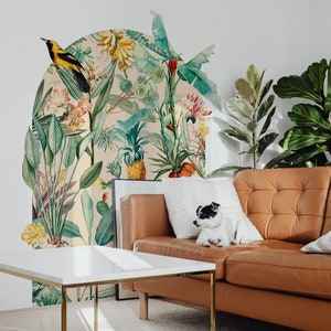 Exotic leaves and birds 3D arch wall sticker, Removable semi-circle shape headboard, Tropical decal bedroom decoration