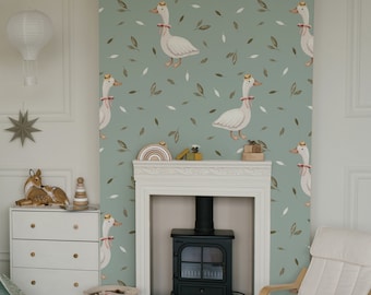 Country geese kids wallpaper, Elegant goose in hat and boho leaves, Pastel children decor 111