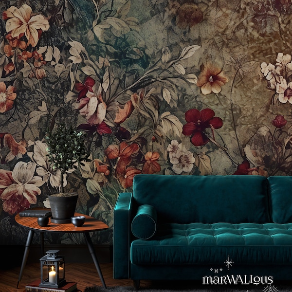 Gothic floral wallpaper print, Classic botanical artwork, Dark academia, Victorian garden wallcovering 98
