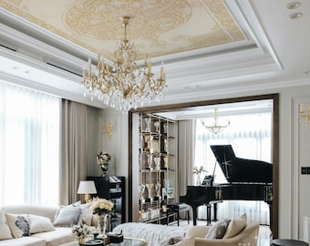 Moroccan Ceiling Wallpaper, Gold and White Peel and Stick, Removable Ceiling Mural, Elegant Pattern Wallpaper 282