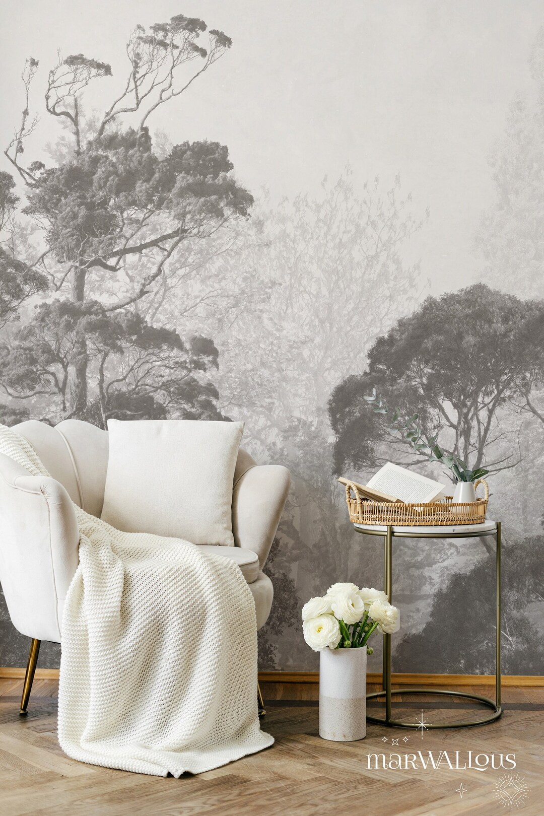 Gray Landscape Wall Mural, Vintage Decor, Peel and Stick, Tree