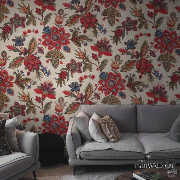 Vintage Floral Pattern Wallpaper, Red Country Farmhouse Peel and Stick Mural for a Rustic Botanical or Boho Accent Wall Decor 202